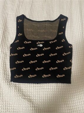 CHUU Black Brown Logo Knit Crop Tank Top S